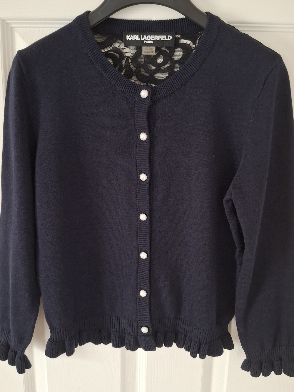 Karl Lagerfeld Paris Lace Back Pearl Button Cardigan Sweater Size XS Navy